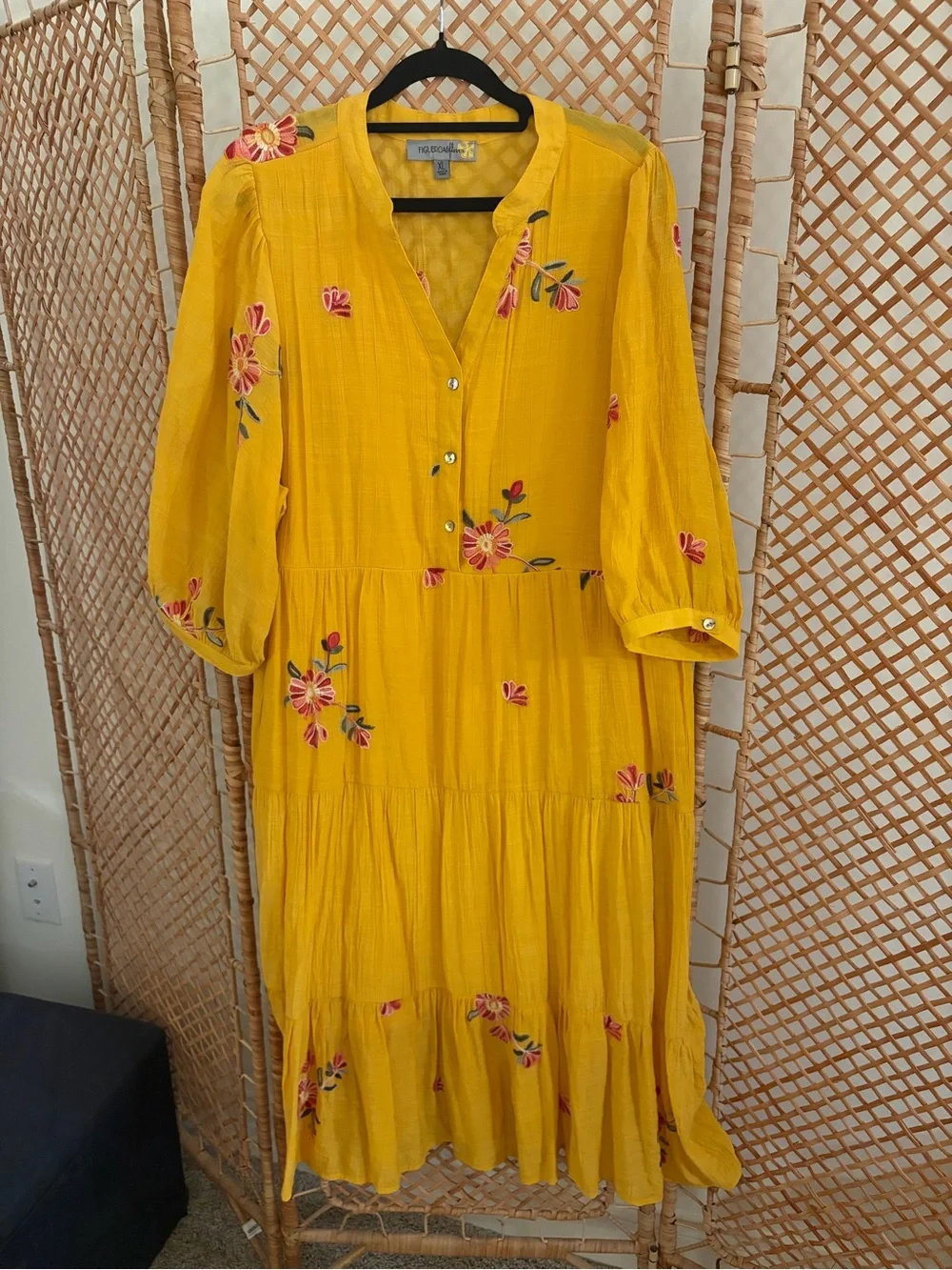 Yellow Tiered Maxi Dress with Floral Embroidery - Picture 1 of 8